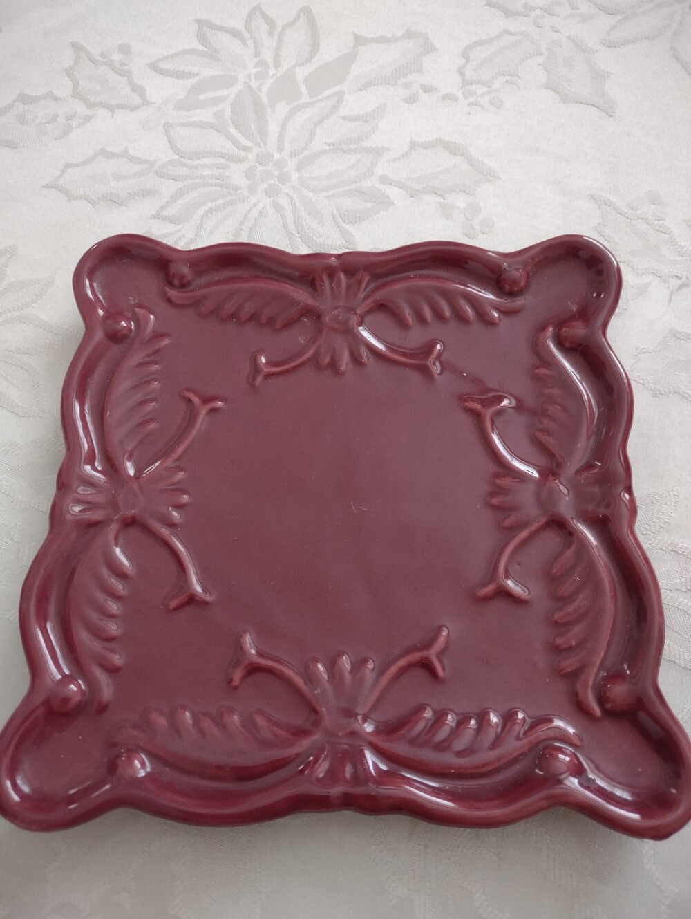 Scalloped Square Classic Ceramics California Burgundy Embossed Scrolls Dish